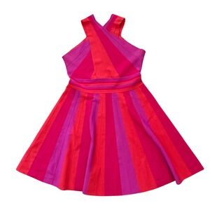 Ted Baker Skater Dress Size 5 Pink Red Halter Crossover Sweater Colorblock